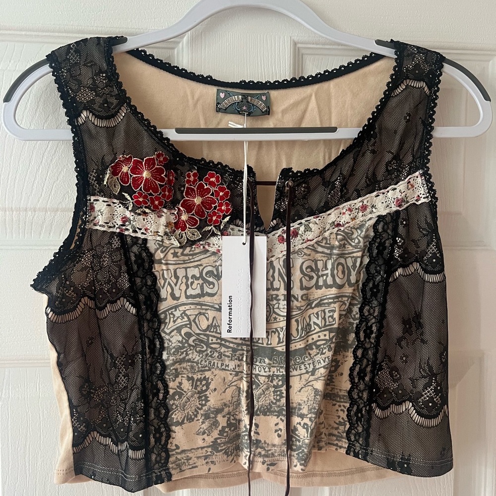 Reformation Black Lace Floral Crop Top
